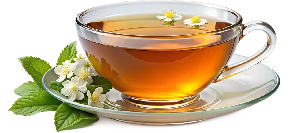 Duża przezroczysta filiżanka z herbatą, w której pływają małe stokrotki, na spodeczku leżą kwiaty lipy.