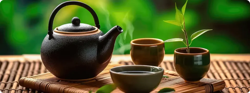 Chińska ceremonia parzenia herbaty, tradycyjna zastawa stołowa na bambusowym stole.