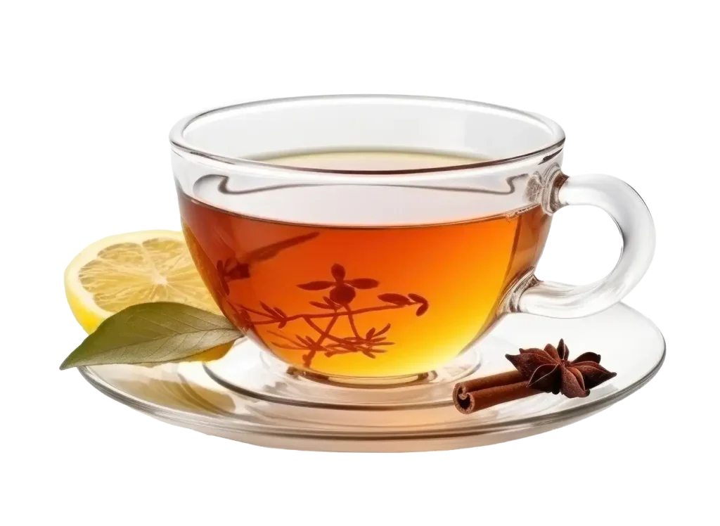 Przezroczysta filiżanka z herbatą na spodku, białe tło.