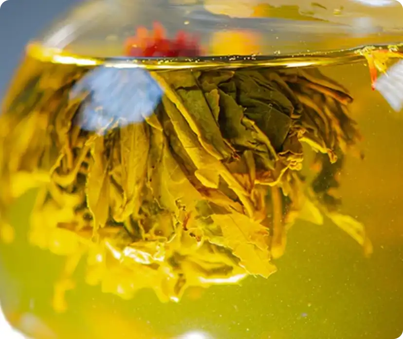 Przezroczysty zaparzacz do herbaty, w środku otwiera się kwiat herbaty.