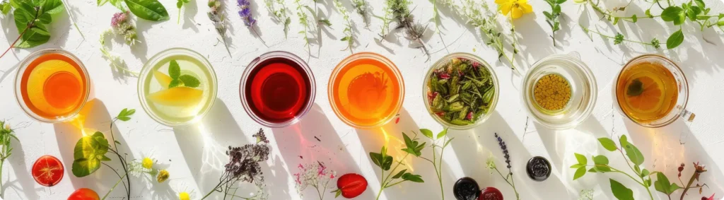 W rzędzie stoi siedem przezroczystych filiżanek, każda wypełniona herbatą w różnych kolorach i różnorodnymi owocami na białym tle.