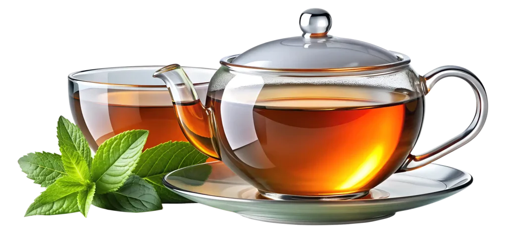 Duży przezroczysty czajnik wypełniony czarnym herbatą, obok przezroczysta filiżanka z herbatą.